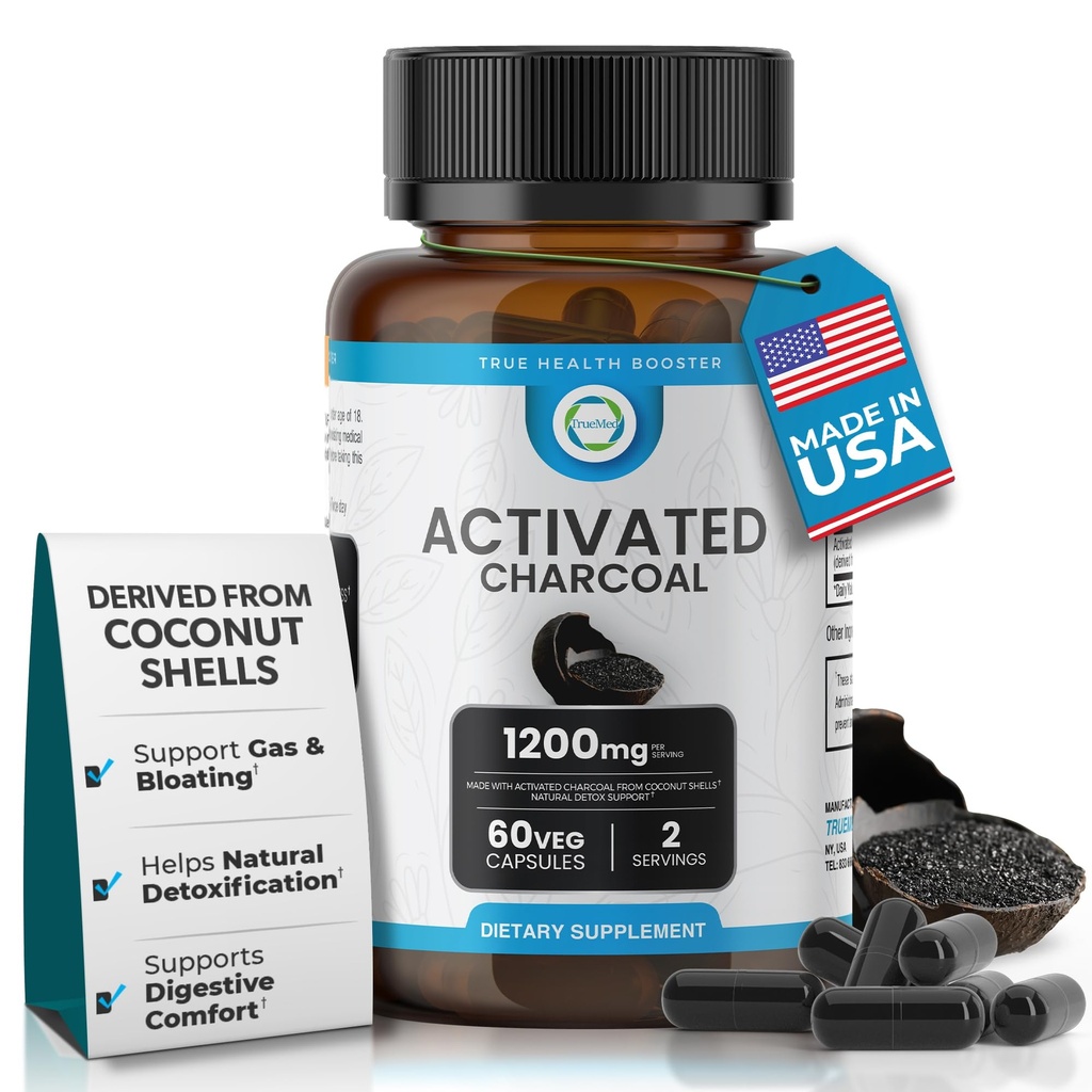 Aktivované Charcoal kapsuly 1200 MG, 60 Veg Caps, 30-Days Premium Detox & Digestive Support, Gas & Bloating Relief, Organic Coconut Shell Charcoal, Gut Health, USA Made.