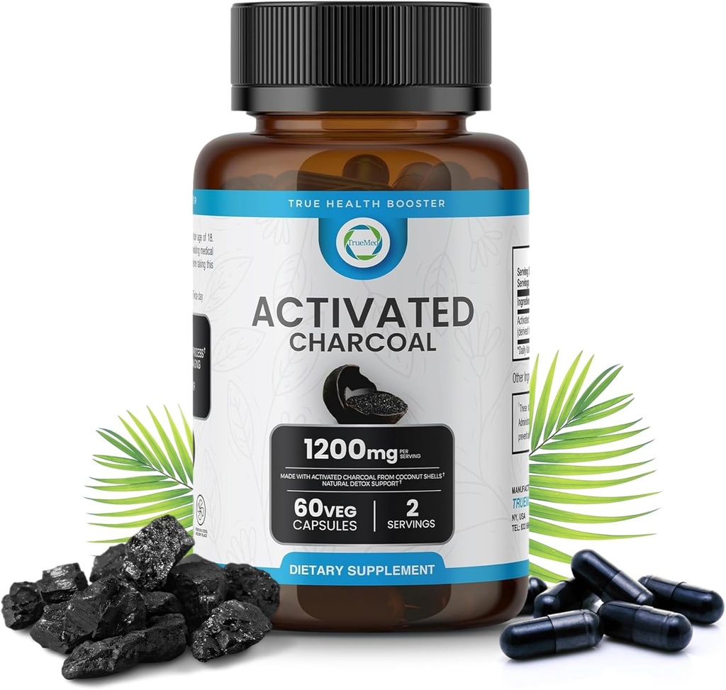 Aktivované Charcoal kapsuly 1200 MG, 60 Veg Caps, 30-Days Premium Detox & Digestive Support, Gas & Bloating Relief, Organic Coconut Shell Charcoal, Gut Health, USA Made.