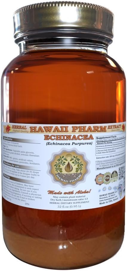 Hawaii Pharm Echinacea Liquid Extract, Organic Echinacea (Echinacea Purpurea) Tincuture Supplement 32 oz unfiltrated