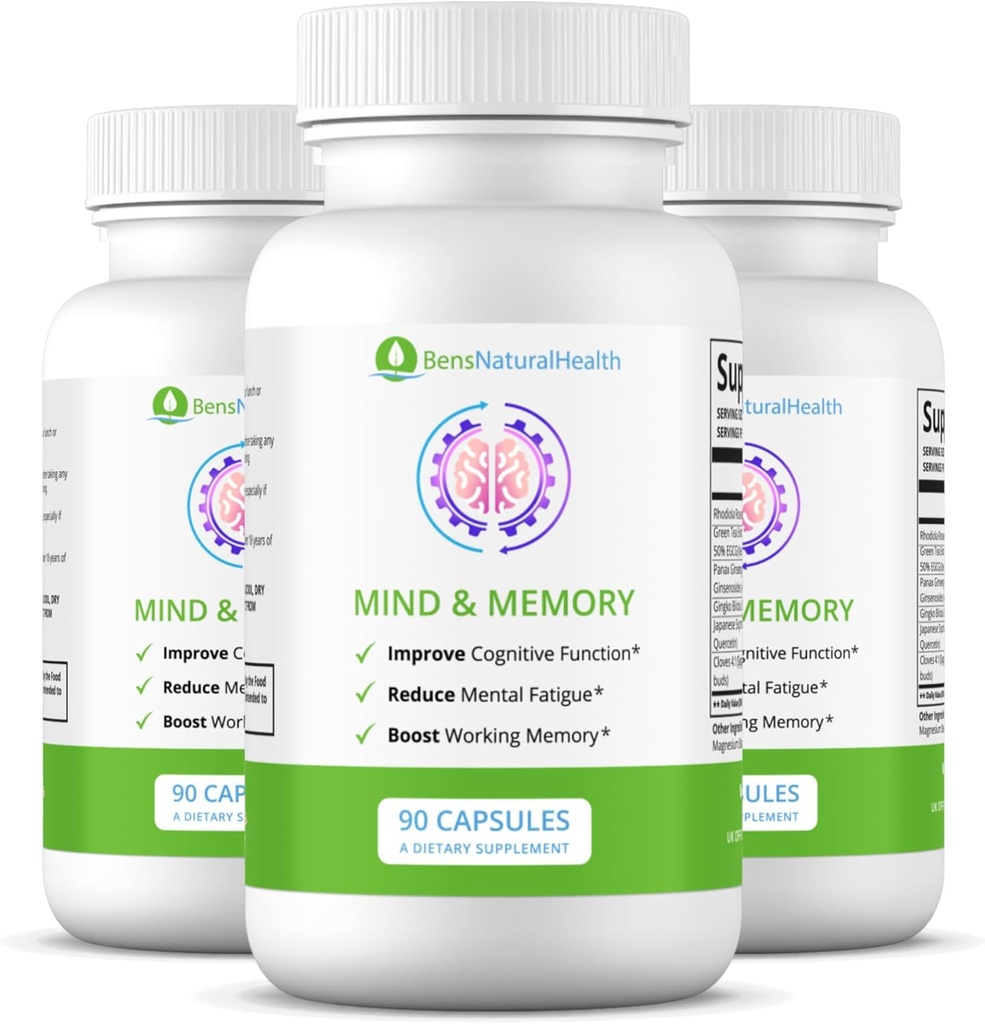 Ben 's Natural Health Mind & Memory Supplement, Nootropic Brain Support with Rhodiola, Green Tea, Cloves & Quercetin, 90 Kapsule, 3 Balíčky