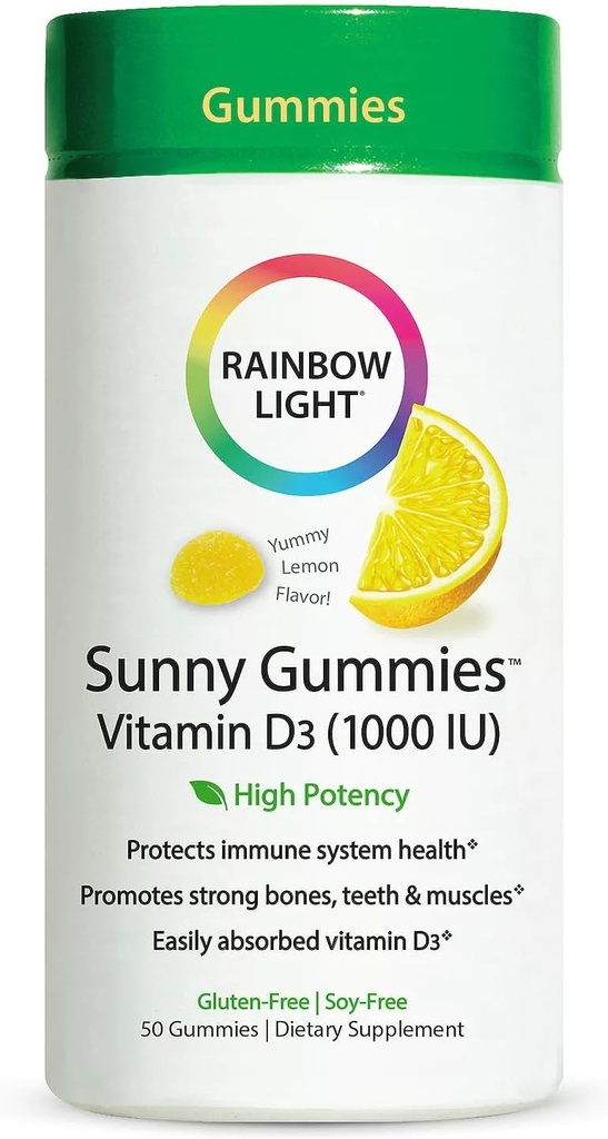 Rainbow Light - Sunny Gummies Vitamín D3 1000 IU, Podpora pre zdravé kosti, svaly, a imunita v rodinno-priateľsky žuvacie s vitamínom D3, Soy-free, Gluten-free, Sour Lemon, 50 Gummy kvapky