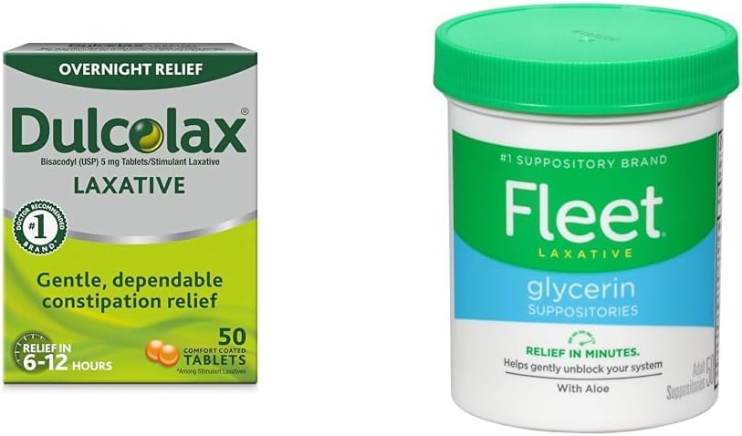 Dulcolax Jednodňová úľava Laxative for Gentle Cescape Relief, Bisakodyl 5 mg tablety, 50 gróf a flotila Laxative Glycerin Suppository for Adult Cescape, Adult Laxative Jar Aloe Vera, 50 Ct