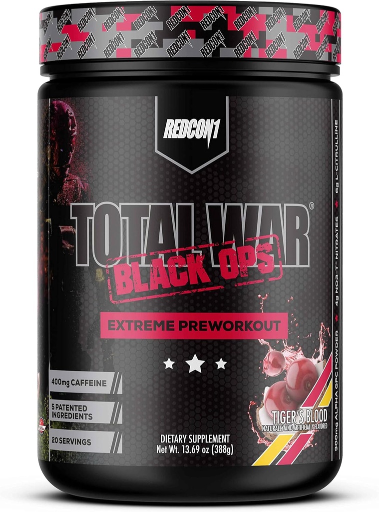 REDCON1 Total War Black Ops Extreme Preworkout Powder, Tigers Blood, High Stimulant, 400 mg Caffeine, NO3-T Nitráty + L-Citrulín, zvýšenie prietoku krvi, svalové čerpadlá (20 Servíry)