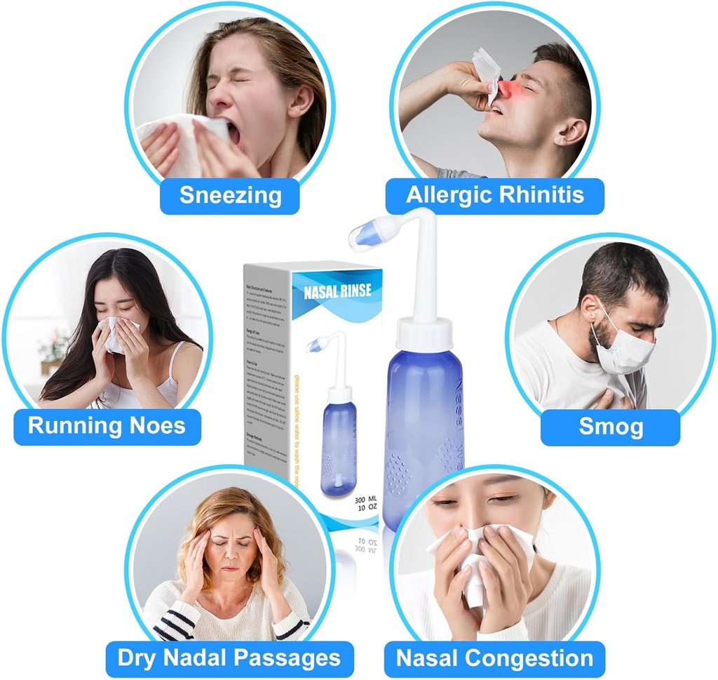 300 ML Nasal Rinse Neti Pot Sinus Rinse fľaša Jemné nosové umývacie fľaše Nosový čistiaci prostriedok Pohodlný pre dospelých a deti účinný tlak Irrigatio s 20 Nosové umývanie soľné balenia BPA zadarmo