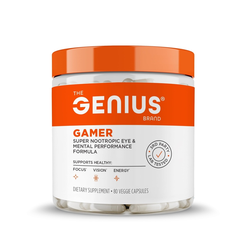 Genius Gamer, Herné Focus Supplement, 80 pilulky - Elite Nootropic Performance Booster - Boost Brain & Mental Clarity, Reaction Time & Concentration - Podpora modrého svetla s lutemax