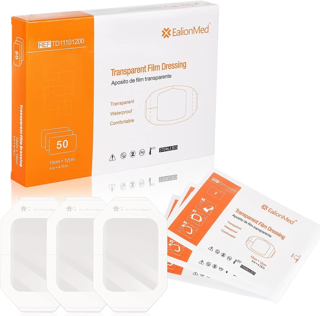 EalionMed Transparent Dressing, rana Bandage, adhezive Patch, 4' x 4,75', 50 Pack, jasné, priedušné, pohodlné, Sprchovací štít, Tattoo Bandage
