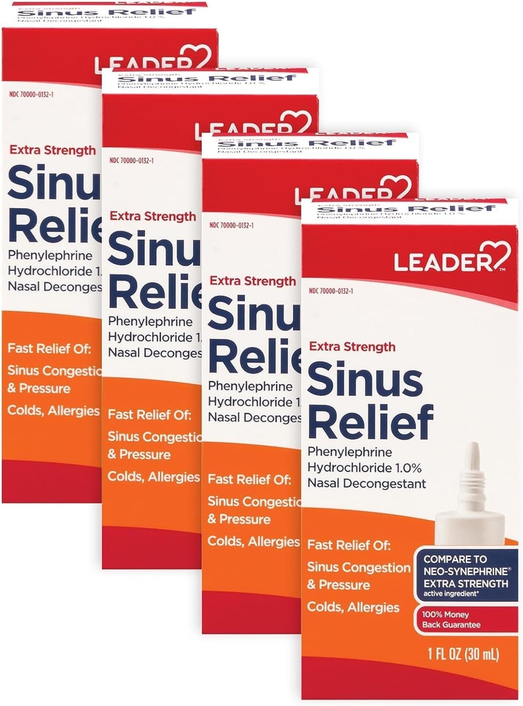Leader Extra Strength Sinus Relief, Fast Acting, Sinus Decongestant, Nasal Congestion Relief Spray, Cold & Allergy 30 ml fľaša (pack of 4)