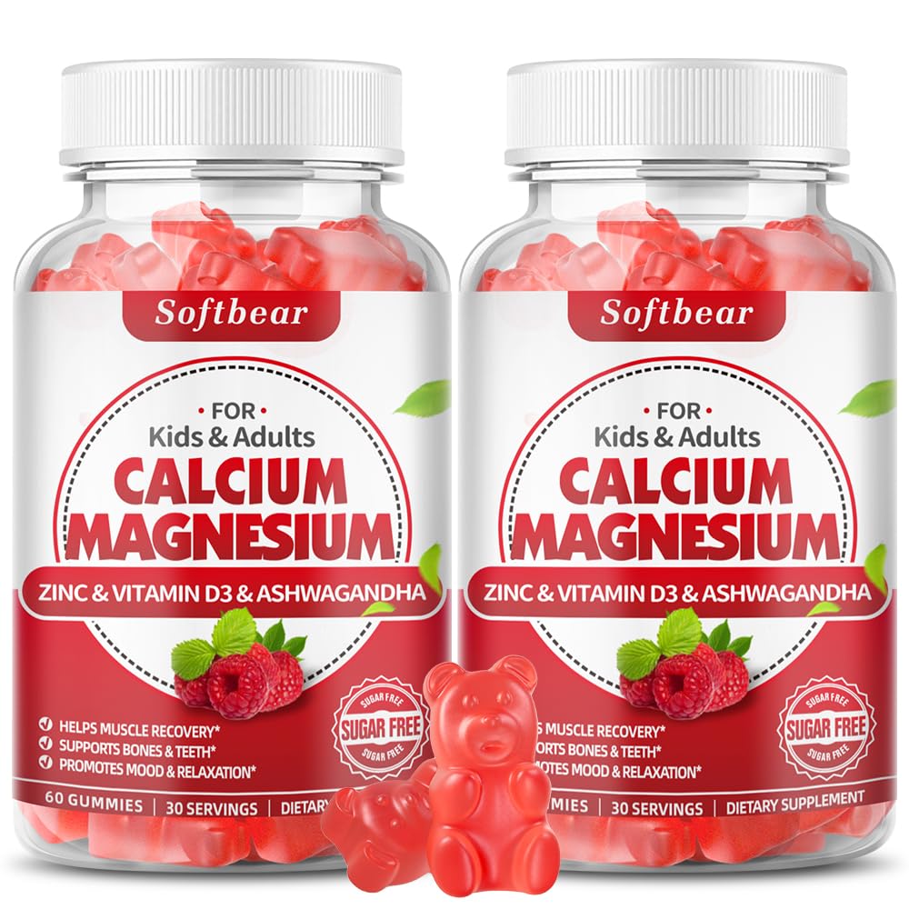 softbear Calcium Magnézium Zinok Gumies pre dospelých a deti, Suagr-bez vápnika Magnézium Zinok D3 Supplement for Bone Strength & Immune Health, Malinová chuť 120 Počet