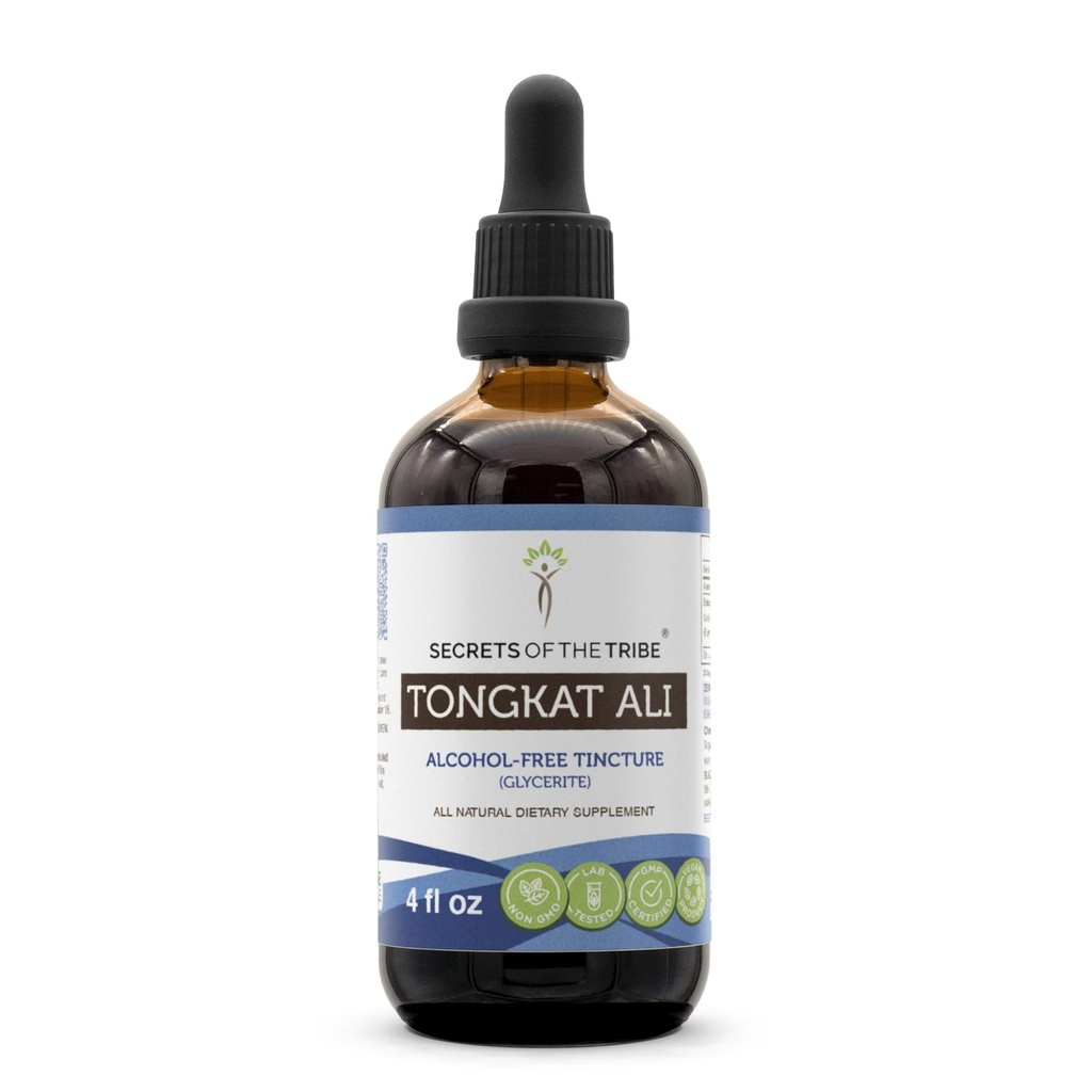 Secrets of the Tribe Tongkat Ali Alkohol-Free Liquid Extract, Wildcrafted Tongkat Ali (Eurycoma longifolia) Sušený koreň (4 FL OZ)
