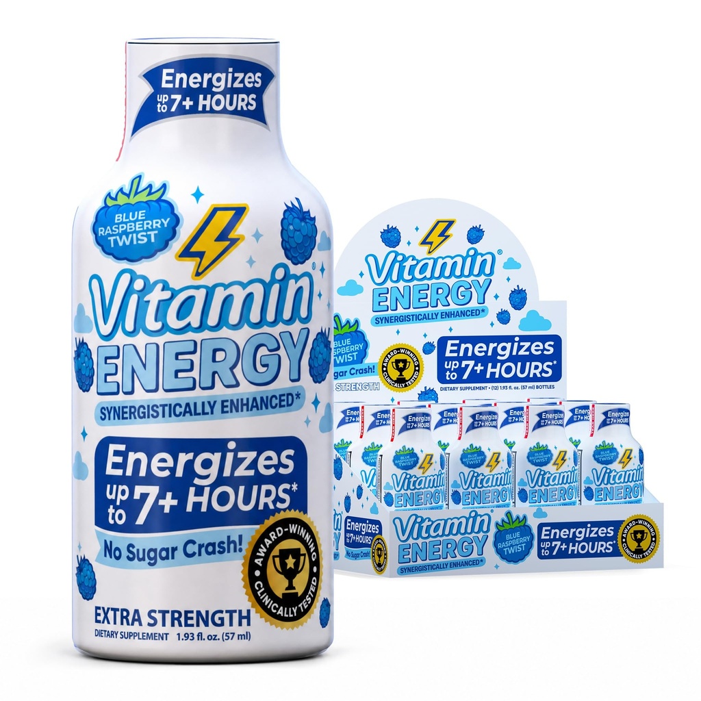 Vitamín Energy Immune+ Extra sila Energia Shot Modrá Malina 12 Balenie, 260 mg Prírodný kofeín, B-vitamíny, Citicolín, Zelený čaj, Imunita & Focus Support, Zero Sugar, Gluten-free 1,93 fl oz