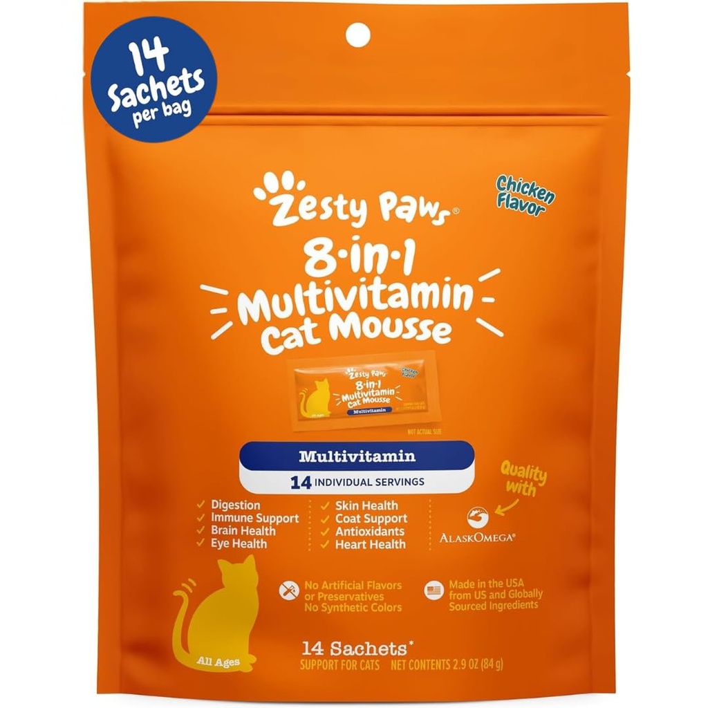 Zesty Paws 8-in-1 Multivitamínové Cat Vitamíny a doplnky Mousse - Cat Vitamíny pre vnútorné mačky - Zdravá liečba Squeeze Up pre Gut, Immune, Heart, Skin & Coat Support - Kurča 14ct