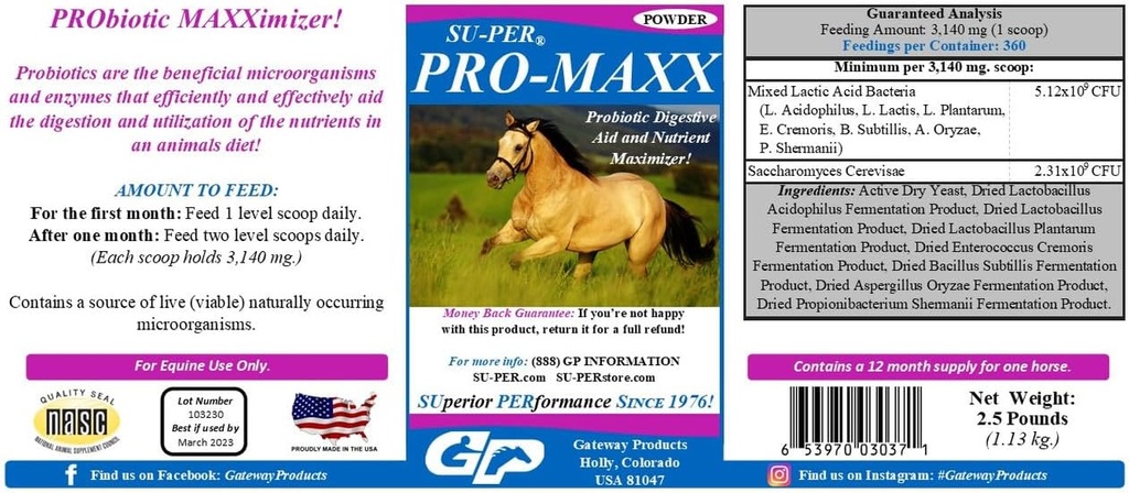 SU-PER Pro-Maxx Probiotiká pre kone - Equine Digestive Aid a Nutrient Maximizer - udržuje správne zdravie a mikrobiálnu rovnováhu - 2,5 litra (2 balenia)