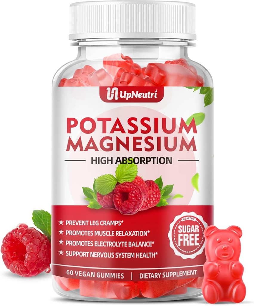Kálium Magnézium Supplement Gumies pre dospelých Deti, bez cukru Draslík Dusičnan Gumies Podpora Noha Crumpy a zdravie svalov a srdca, Vegánsky horčík Glycinate Gumies Malinová chuť 60 Cts