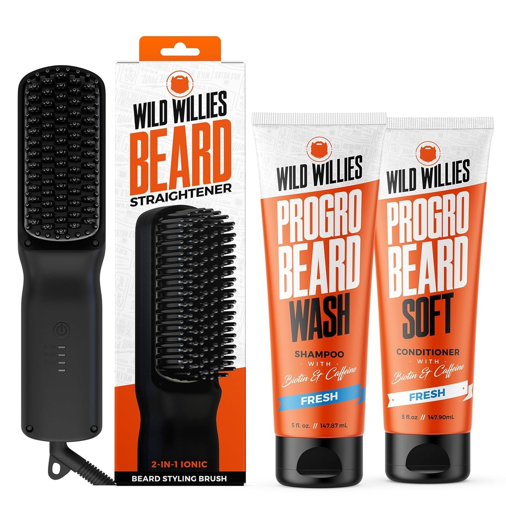 Wild Willies Brad Grooming Kit - Vyrovnávanie brada pre mužov, PROGRO - obohatené s biotínom a kofeínom pre rast vlasov, umývanie, hydratáciu - Ionic 2-in-1 Vyhrievané Comb Brush, Made in USA