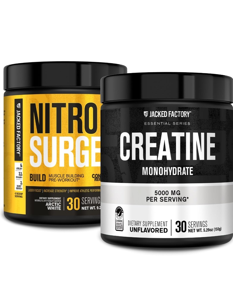 Jacked Factory Nitrosurge Build pre cvičenie s kreatínom pre budovanie svalov (30 Služby, arktická biela) a monohydrát kreatín prášok pre rast svalov a zvýšenú silu (30 Služobné, neobľúbené)