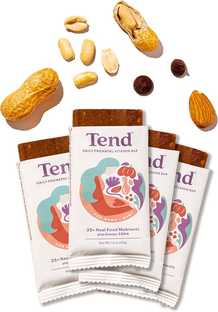 Tend Daily Best Prenatálny vitamín bar, vyrobený s organickými zložkami pre tehotné a popôrodné matky, zahŕňa DHA, vitamín D, B, cholín, folát - arašidové maslo čokoláda (4 ct)
