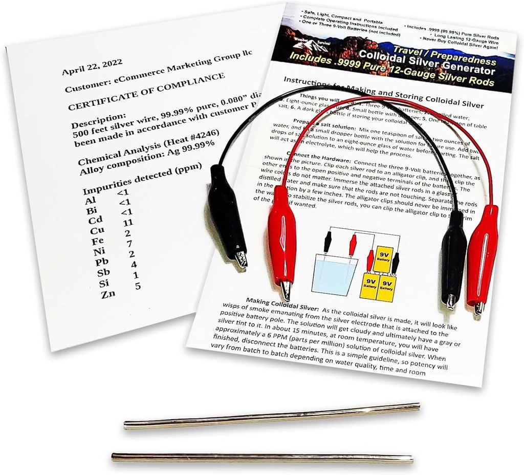 Koloidné striebro Generátor Drôt 99,99% Pure 12-Gauge (0,08 in./2,06 mm) Sada (2) 4-palcové tyčinky + Mini/Travel Generator - Obsahuje drôty + Kompletné pokyny