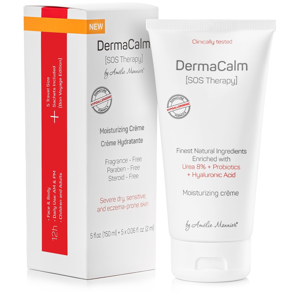 Klinicky testovaná DermaCalm SOS Liečba - Ekzém Psoriáza Dermatitída Prone, suchá koža - Močovina 8%, Probiotiká w/Best prírodné zložky - svrbenie, vážne suchá, Skalná koža. Dospelí a deti, ekzém krém