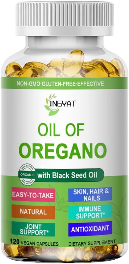Olej z Oregano Softgels, Organický olej z Oregano s čiernym olejom zo semien pre imunitnú podporu Tráviace zdravie Sezónne bylinné, High Carvatrol a Thymochinón Oregano Oil, Plant Based, non-GMO,120 Počet