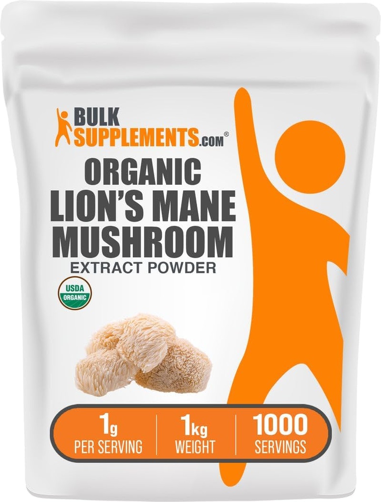 BulkSupplementments.com Organic Lion's Mane Mushrom Extract Powder - Lions Mane Supplement Powder, Superfood for Well-Being - Vegan, 1g per Serving, 1kg (2,2 lbs) (Pack of 1)