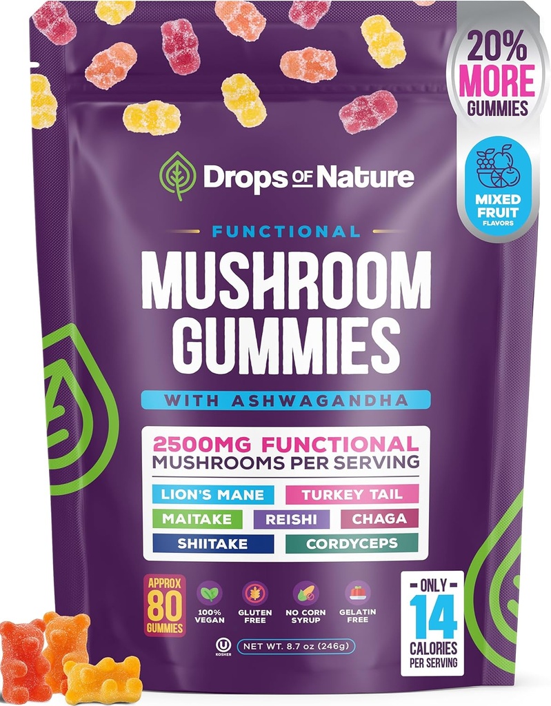 Ashwagandha Gummies a Lions Mane Hubové Gummy Supplement - Organic - Reishi, Cordyceps, Turkey Tail, Maitake, Shitake, Chaga - Immune Defense, Boosts Cognitive Performance, Vegan, Low Carb
