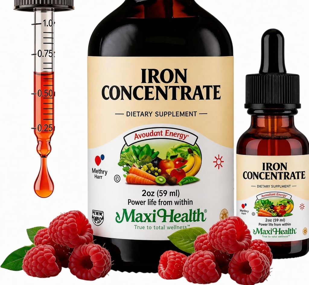 Maxi Health High Potency Liquid Iron Concentrate – Gentle Iron Supplement for Women Men & Children – Berry Flavored, Fast-Acting, Gentle on Stomach, No Constipation, Non-GMO, Kosher (2 fl oz)