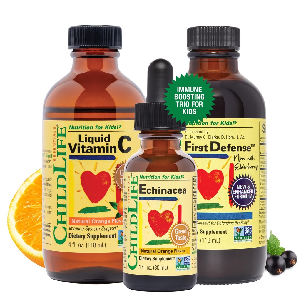 CHILDLIFE ESSIENTS Imunitná podpora 3-Pack - Tekutý vitamín C, prvá obrany, a Echinacea - Imunitné príslušenstvo doplnkov pre dojčatá, batoľatá a deti