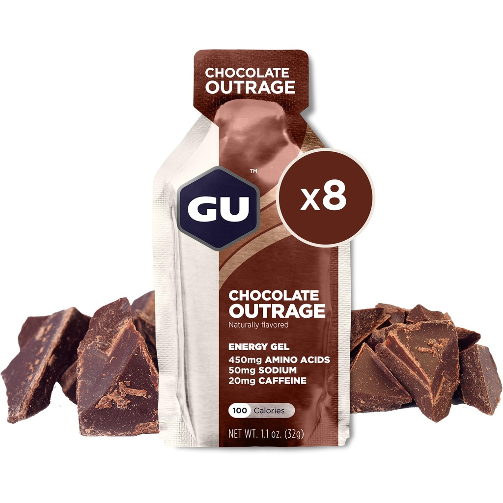 GU Energy Original Sports Nutrition Energy Gel, Vegan, Gluten-Free, 8-Count Tri-Berry a čokoládové otrasy Chute s aminokyselinami a elektrolyty