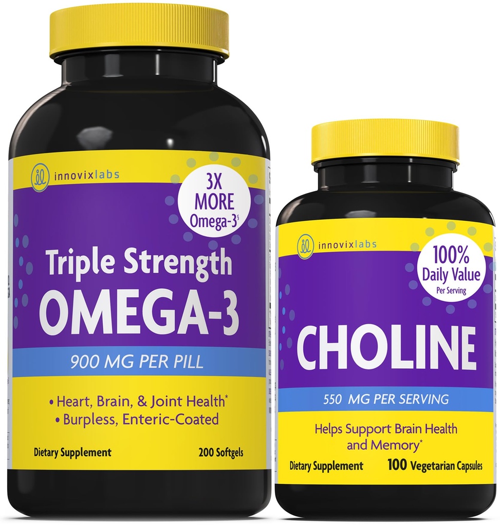 InnovixLabs Choline & Triple Omega-3 Bundle Choline Bitartrate 550 mg (100 kapsúl) Triple Strength Omega (200 Softgels). Podporuje pamäť, náladu, zdravie mozgu a zväčšovanie kognitívnych funkcií.*