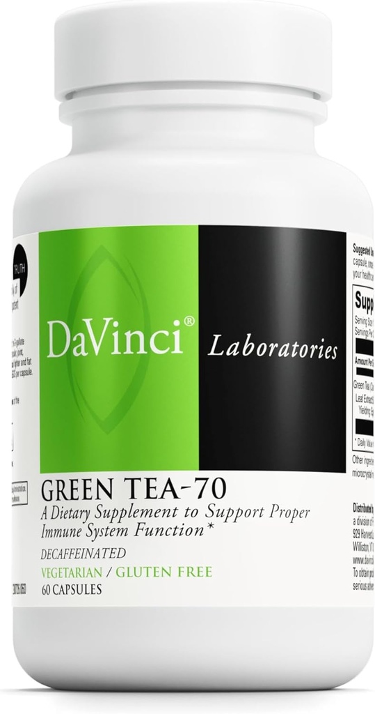 DaVinci Labs Green Tea-70 - Dietary Supplement to Support the Immune System, Cardiovaskulárne zdravie a cholesterol Health - With Green Tea Extract - Decaffeinate - Gluten-free -60 Vegetariánske kapsule