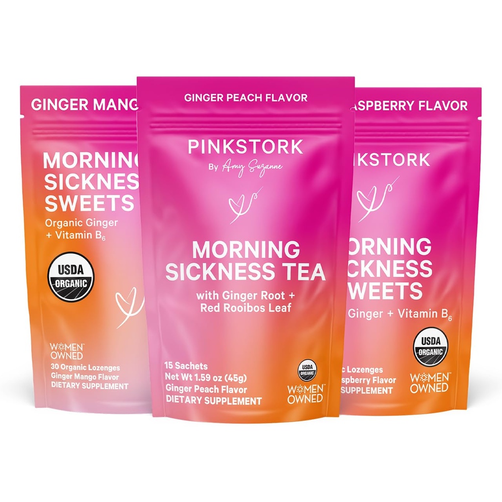 Pink Stork Morning Disease Relief Kit 3-Piece Bundle with Organic Ginger Peach Tea, B6 Sweets, Ginger Lozenges 