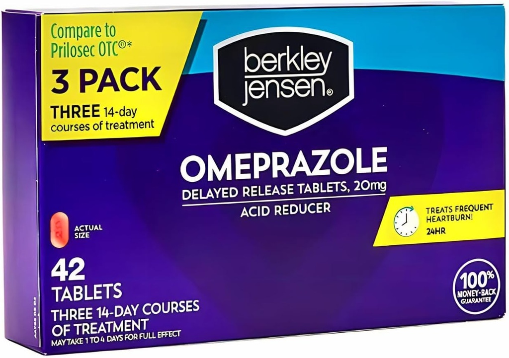 Berkley Jensen Omeprazol 20 mg tablety s oneskoreným uvoľňovaním - Tablety na zníženie kyseliny pálčivej - lieky na liečbu častého pálenia záhy - 3 x 14-dňové kurzy, spolu 42 grófov (balenie 1)