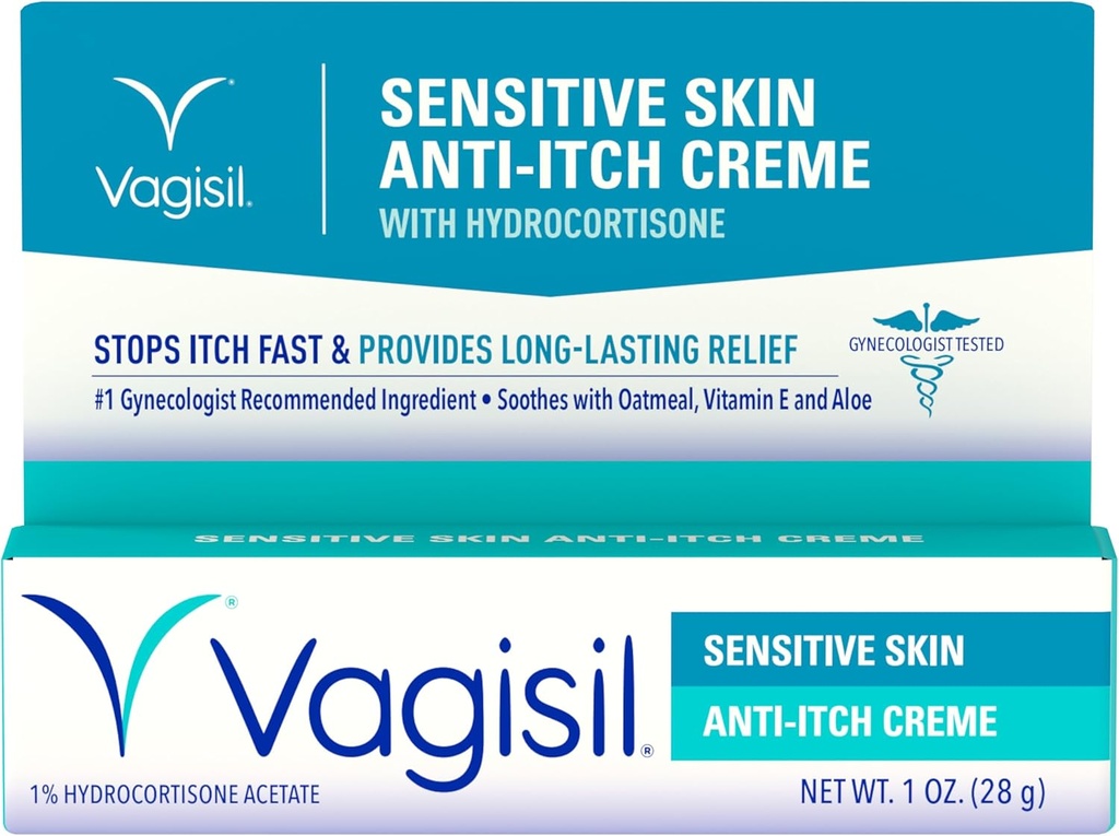 Vagisil Feminine Anti-svrbiaci krém pre ženy, citlivé kožné zloženie s hydrokortizónom, pomáha zmierniť kvasinkové infekcie podráždenie, gynekológ testovaný, upokojuje a chladí, 1oz (Stock of 1)
