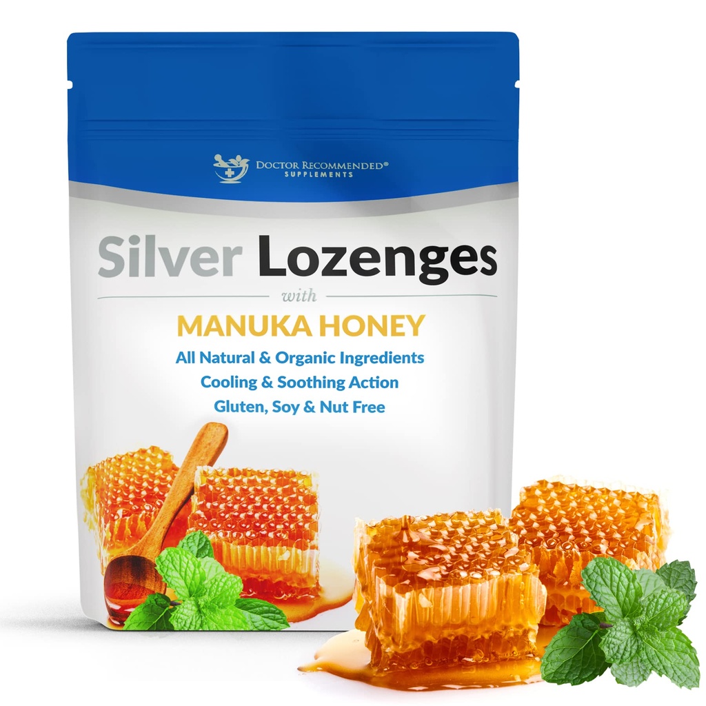 Silver Lozenges s organickým Manuka med a vitamín C - všetko-prírodné Nano Silver 45-50mcg 60 PPM Koloidné Silver Minerálne kvapky na podporu imunitného systému, Soothe, Cool Cough & Throat, 24-Lozenges