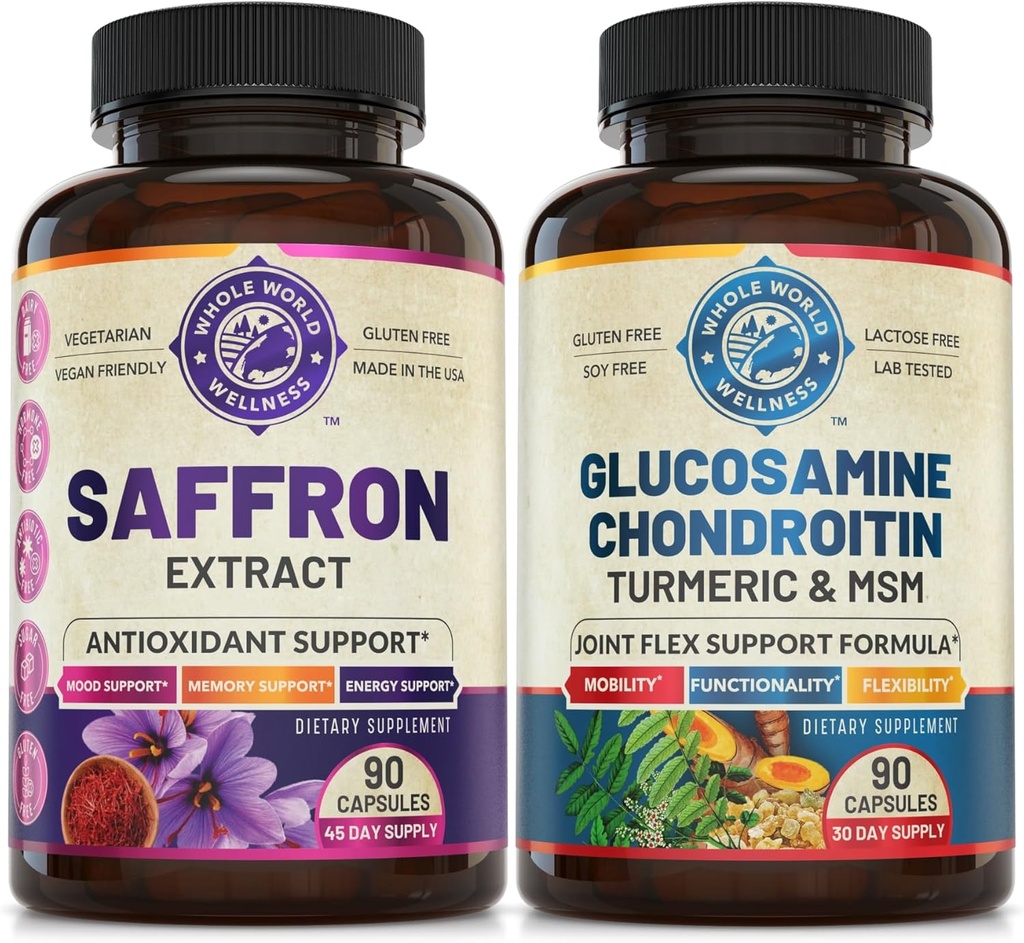 Pure Saffron Extract & Advanced Joint Support Bundle (One Bottle Each). Supports Mood, Energy Boost, Metabolic Function, and Joint Health. USA Made.