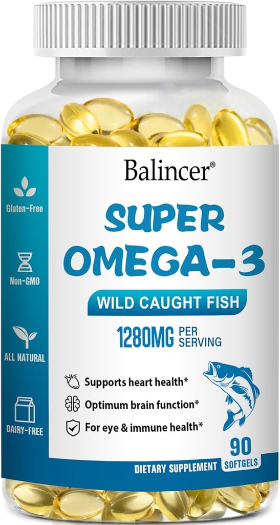 Omega 3 rybí olej doplnky, 1280 mg Omega-3 mastné kyseliny vrátane EPA a DHA, Wild-caught Burpless Fish Oil Doplnky podporuje srdce, mozog a zdravie očí, 90 Softgels