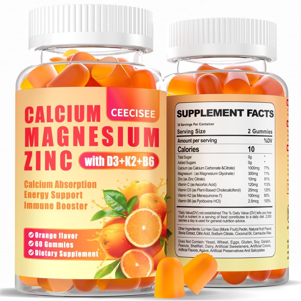 Kalcium Magnézium Zinok Gumies s D3 &B6 &K2,1000mg Calcium Gumies s 300mg Magnézium Support Immune Energy for Adults and Teens,Cugar Free(120Count)
