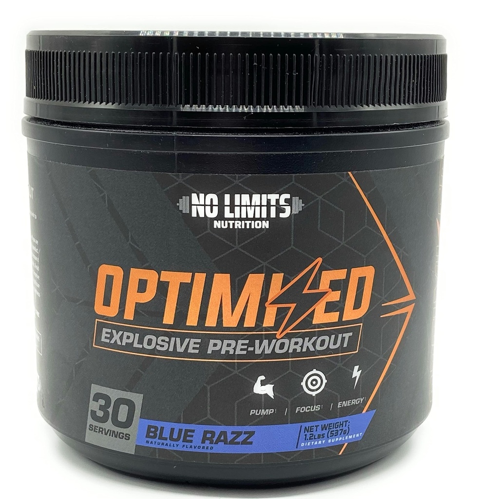 "Optimized" Blue Razz Powder pre-Workout / Masívne čerpadlá / Zvýšenie svalovej hmoty, sila & Focus / Beta Alanyne + L- Citrulín + Betaine Anhydrous + Creatin + Caffeine Anhydrous / 30 Servings