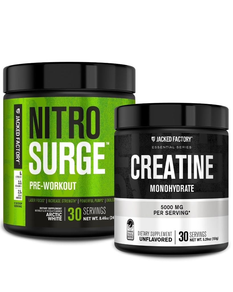 Jacked Factory NITROSURGE pred tréningom doplnok (Arktická biela) Kreatín monohydrát Prášok 150g (nearomatizovaný) pre rast svalov, zvýšená sila, zvýšená energia