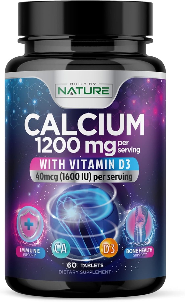 Vápnik 1200 mg s vitamínom D3 pre najlepšiu absorpciu - Advanced Bone Suplement, 1200 mg uhličitan vápenatý & 1600 IU Vitamín D3, pomalé uvoľňovanie pre imunitnú podporu, jednoduché prehltnutie, 60 tabliet