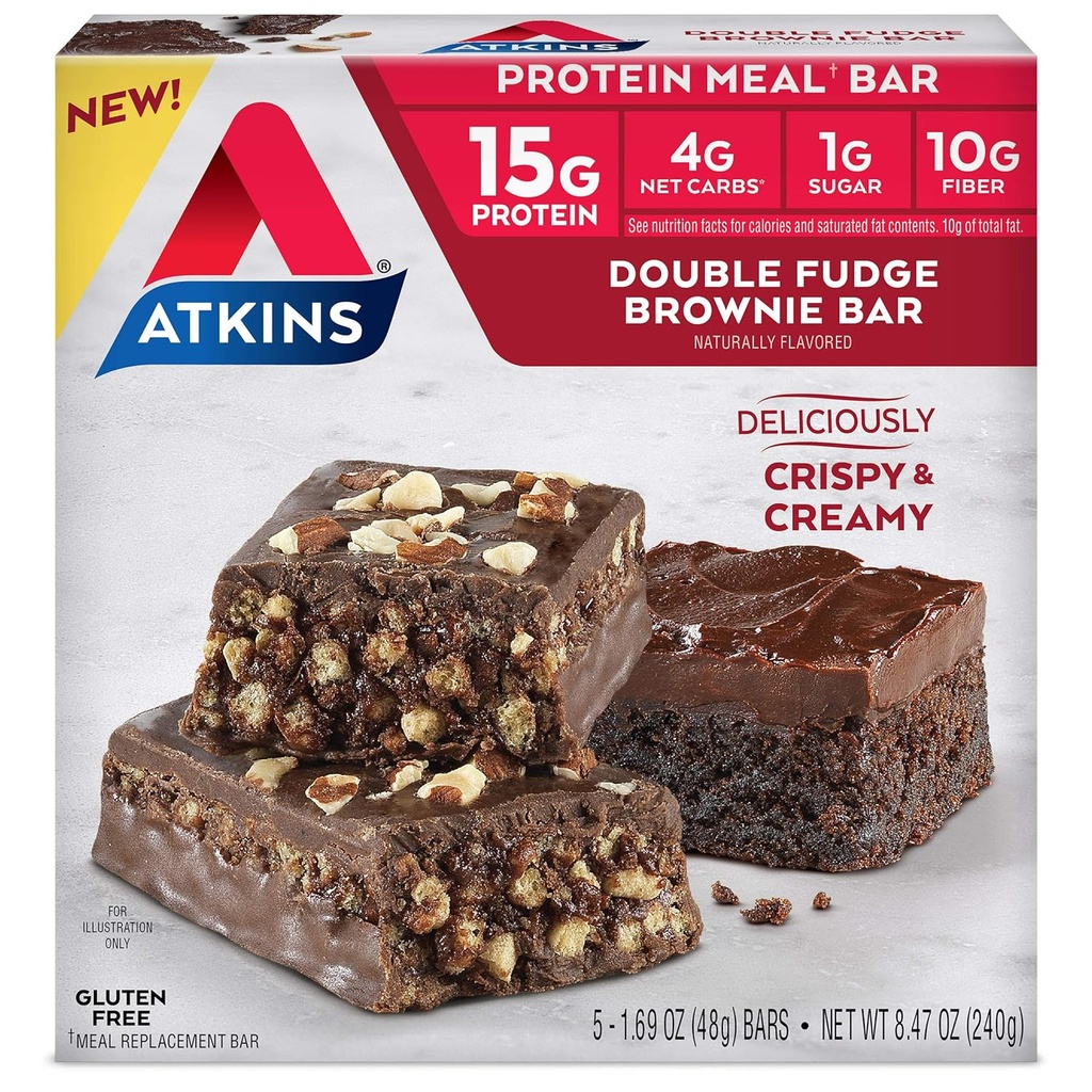 Atkins Double Fudge Brownie Protein Meal Bar, High Fiber, 15g Protein, 1g Sugar, 4g Net Carb, Nahradenie jedla, Keto Friendly