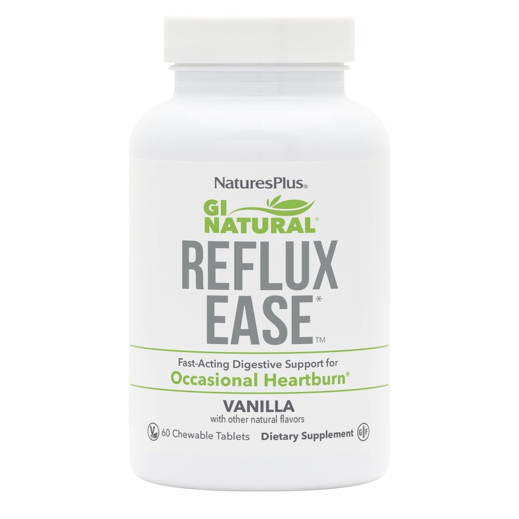 Natures Plus GI Natural Reflux Ease, Vanilla - 60 Žuvacie tablety - Rýchla podpora trávenia - Vegetariánska, bezlepková - 60 porcií