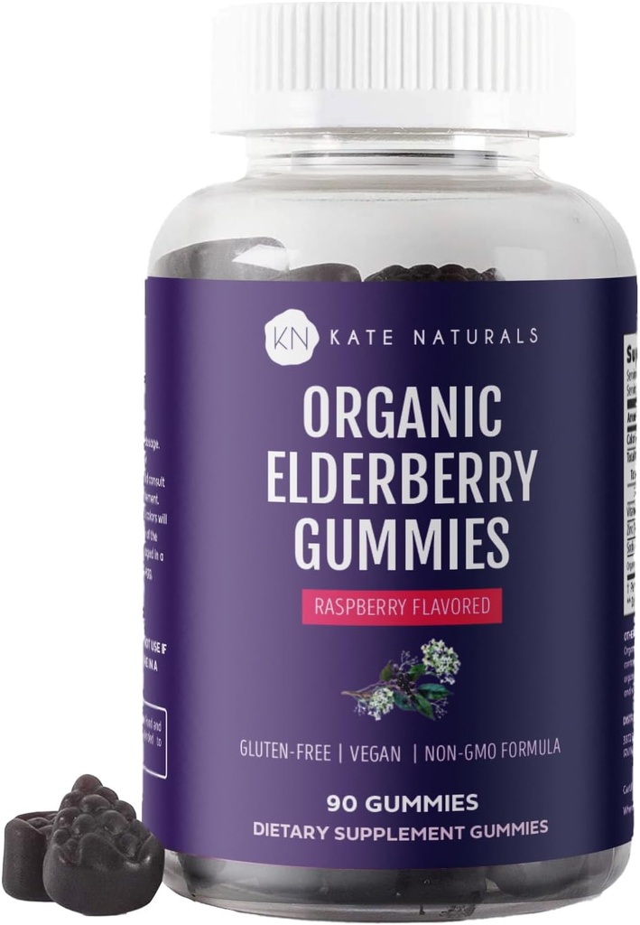 Kate Naturals bazové guličky s vitamínom C a zinkom pre dospelých a deti. Chutné Sambucus bazové Gummy pre imunitnú podporu (90 Gummies, 45 Day Supply, Organic)