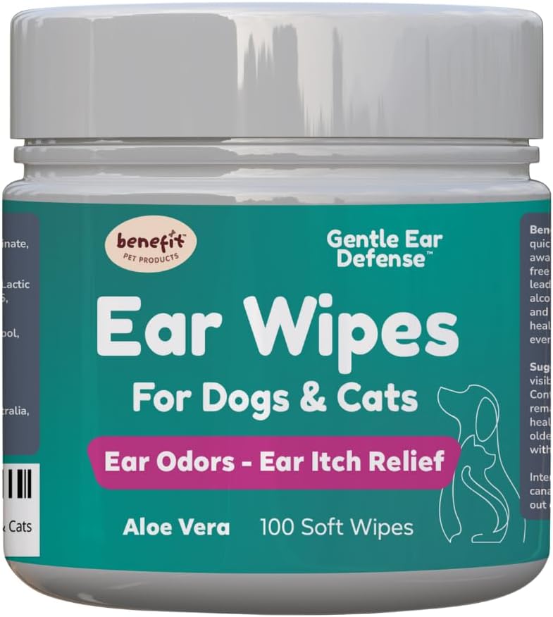 Benefit pet produkty psie ušné obrúsky - Čistič uší pre psy na prevenciu infekcií, svrbenie a zápach - Aloe & Eucalyptus, grooming Wipes - 100 gróf