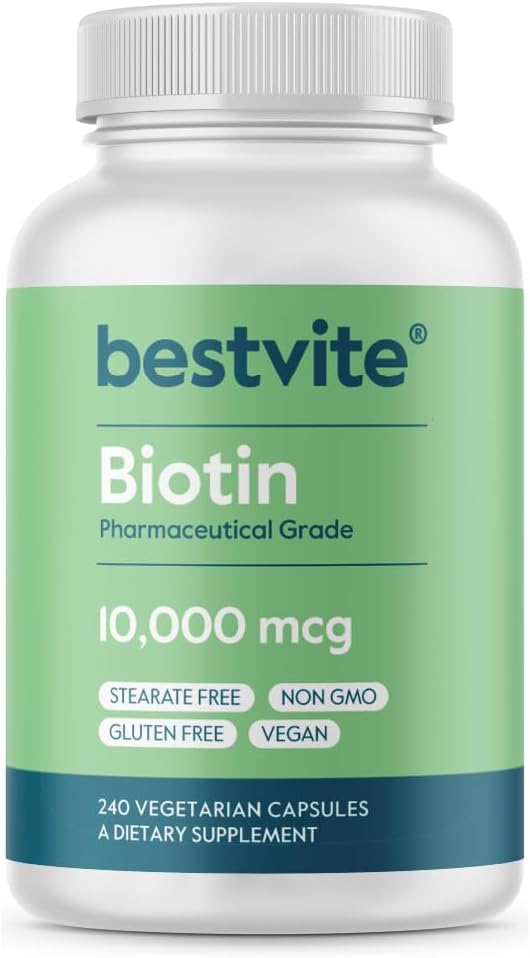BESTVITE Biotin 10 000mcg (240 Vegetariánske kapsuly) - Žiadne stearáty - Bez dikalciumfosfátu - Bez umelých sladidiel - Bez príchutí - Bez prietokových látok - Vegan - Negeneticky negeneticky modifikovaný - bez lepidla