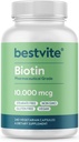 BESTVITE Biotin 10 000mcg (240 Vegetariánske kapsuly) - Žiadne stearáty - Bez dikalciumfosfátu - Bez umelých sladidiel - Bez príchutí - Bez prietokových látok - Vegan - Negeneticky negeneticky modifikovaný - bez lepidla
