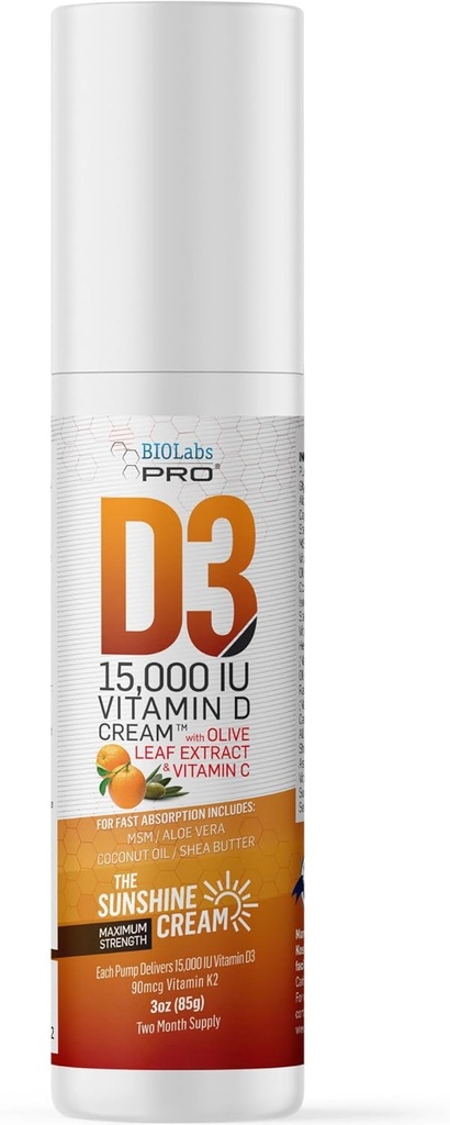 BIOLABS PRO Všetky prírodné vitamíny D3 15000IU vitamín D krém - maximálna sila - Boj proti nedostatku vitamínu D Prirodzene - s vitamínom K2 & Olive Leaf extrakt - bezpečné a účinné (15 000IU - 3.0oz)
