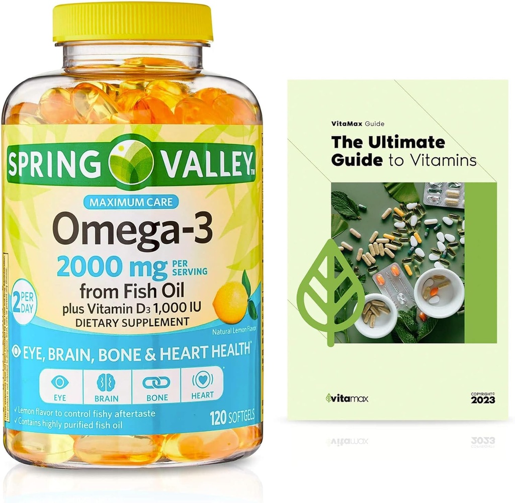 Jarné údolie Omega-3 z rybieho oleja 2000 mg, maximálna starostlivosť, 120 Počet + Exkluzívny VitaMax vitamín Guide (2 položky)