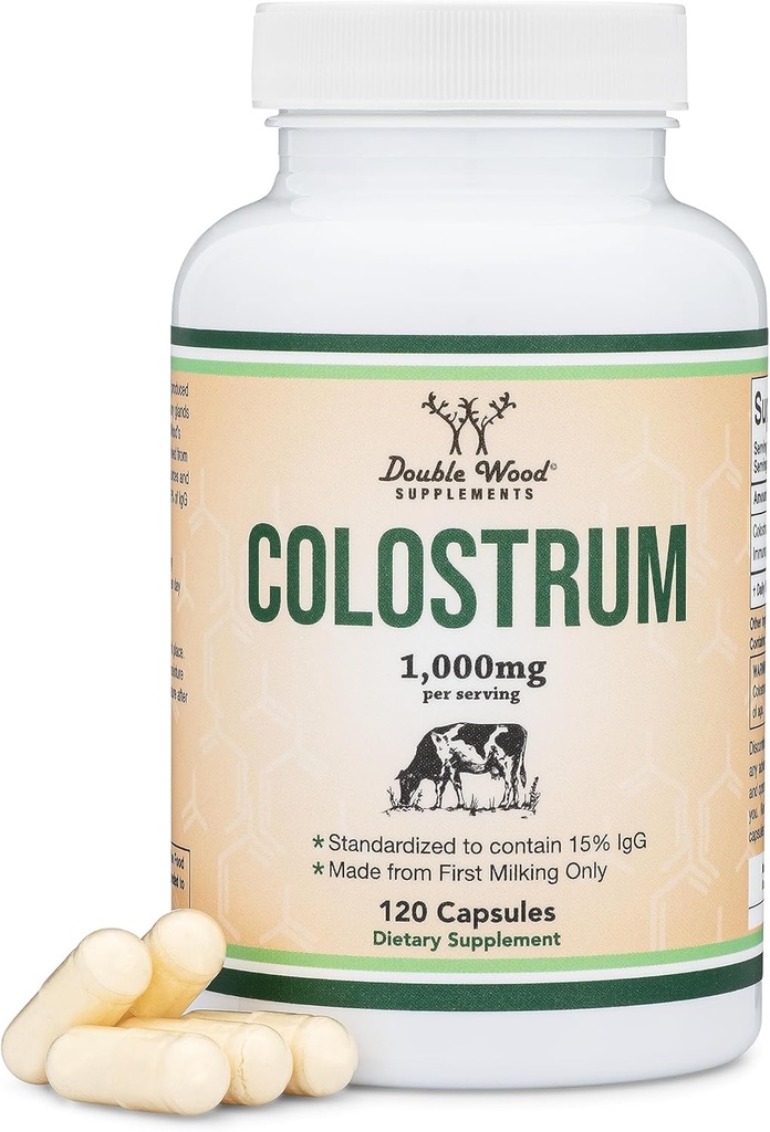 Colostrum Supplement 120 Kapsule, 1000mg per Serving (Bovine Colostrum Powder from First Dojčenie Iba Std. to Contain 15% IgG Imunoglobulíny) No Fillers, Third Party tested by Double Wood