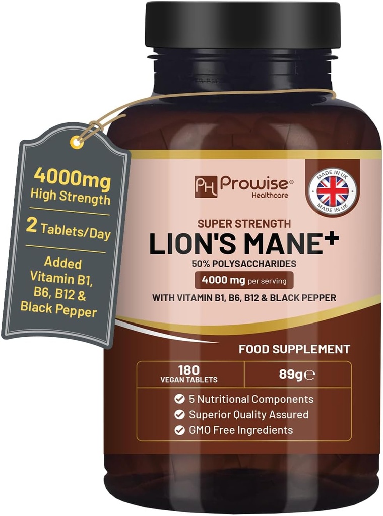 Lions Mane Mushroom Supplement 4000mg s vitamínom B1, B6, B12 a Black Pepper - 180 Super Strength Vegan Tablety s 50% Polysacharidy (Nie prášok alebo kapsuly) 